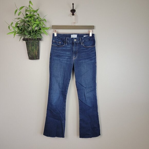 Frame Le Crop Mini Boot Ankle Flare High Rise Dark Wash Frayed Cutoff Jeans 28 - Picture 1 of 16